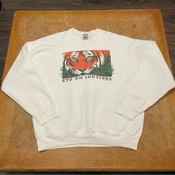 Vintage 90s XL Eye On Survival Tiger Human I Tees Crew Neck Sweater Made In USA - Picture 1 of 6